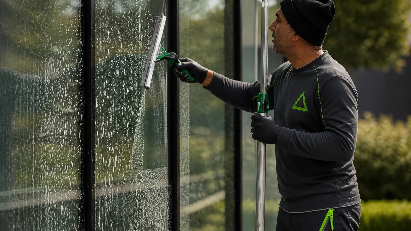 Mitarbeiter von Just Hausbetreuung reinigt eine Glasfassade mit dem Abzieher