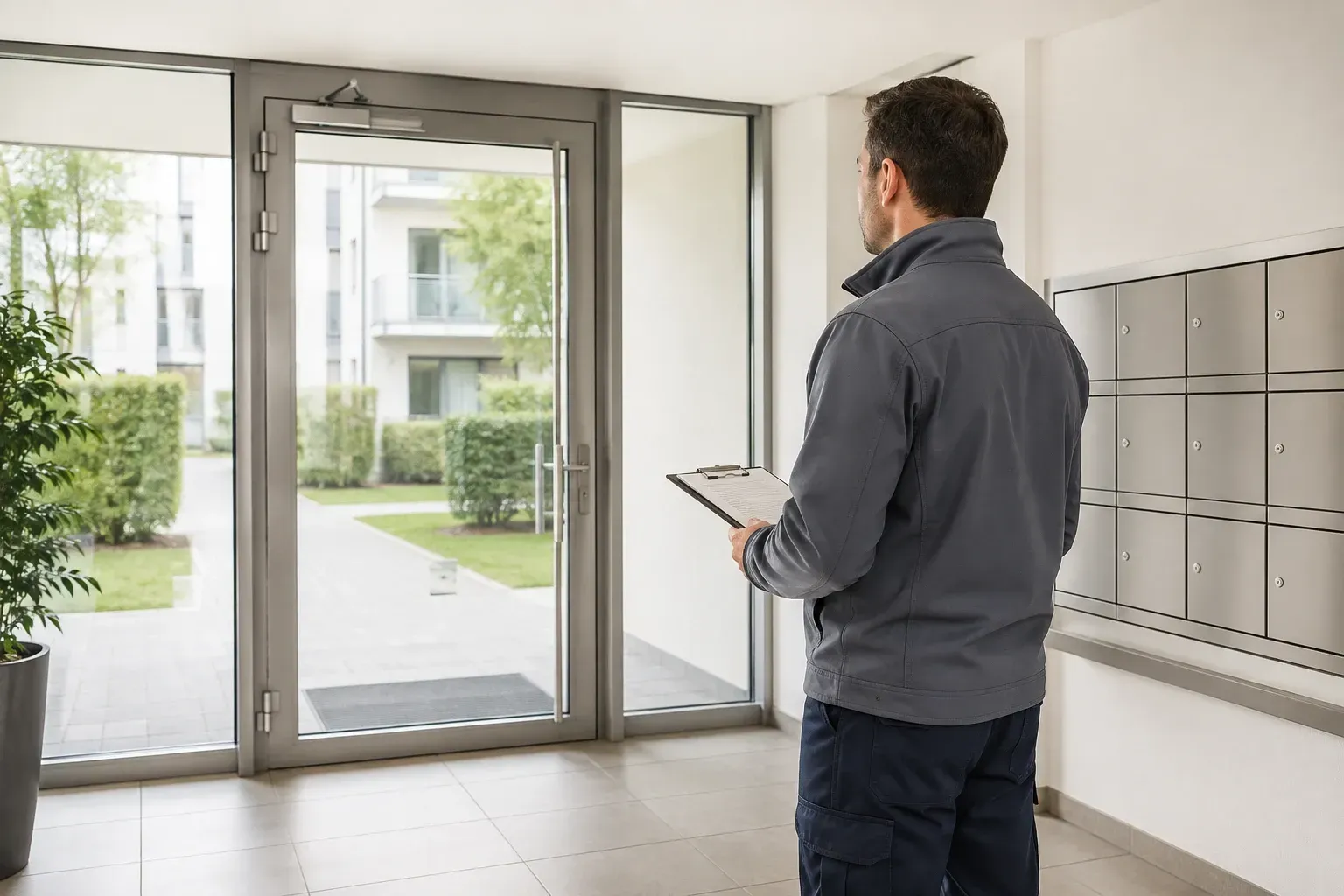 Hausmeister mit Klemmbrett beim Kontrollgang im Eingangsbereich eines Wohnhauses
