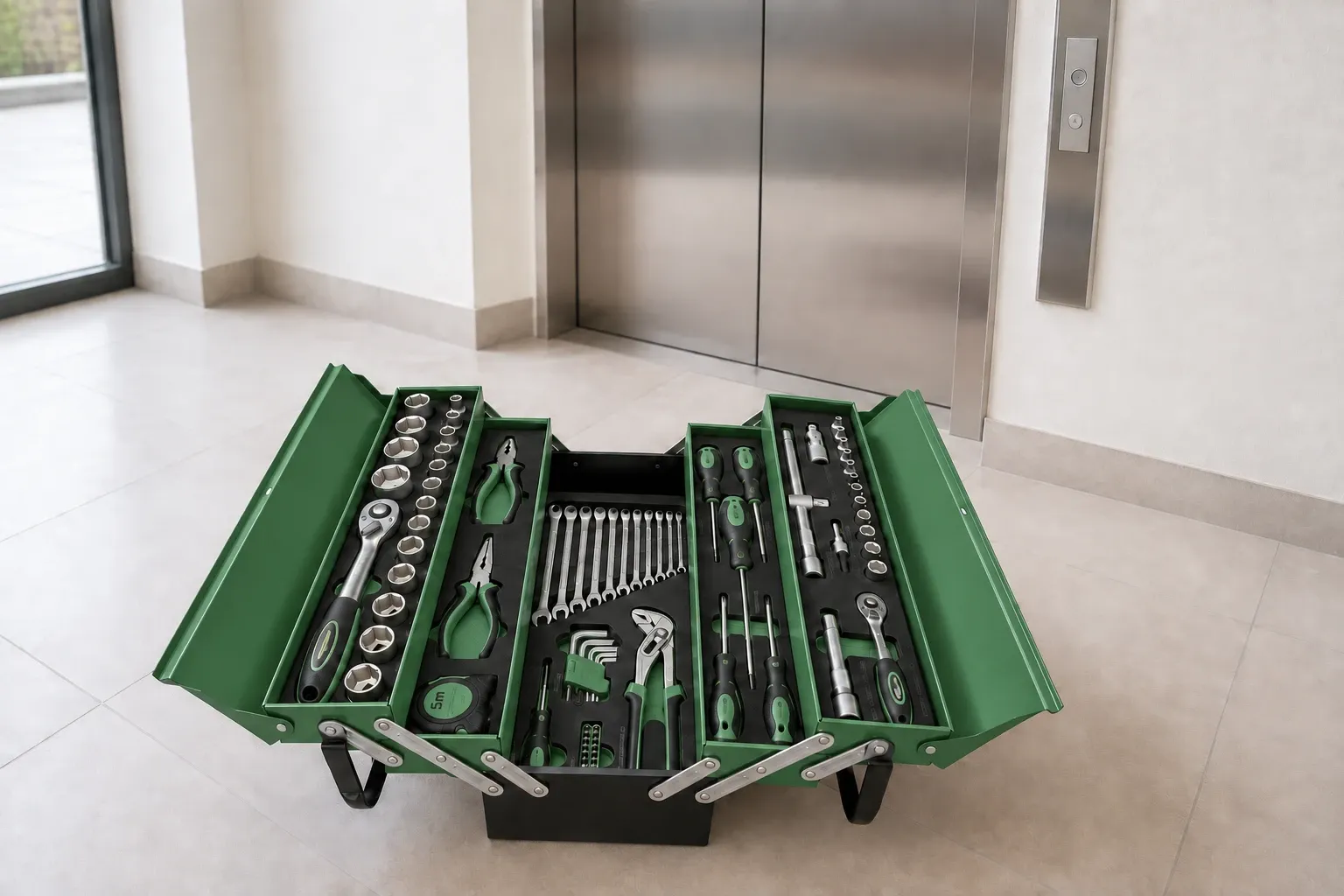 Geöffneter roter Werkzeugkoffer vor einem Aufzug für Kleinreparaturen und Instandhaltung